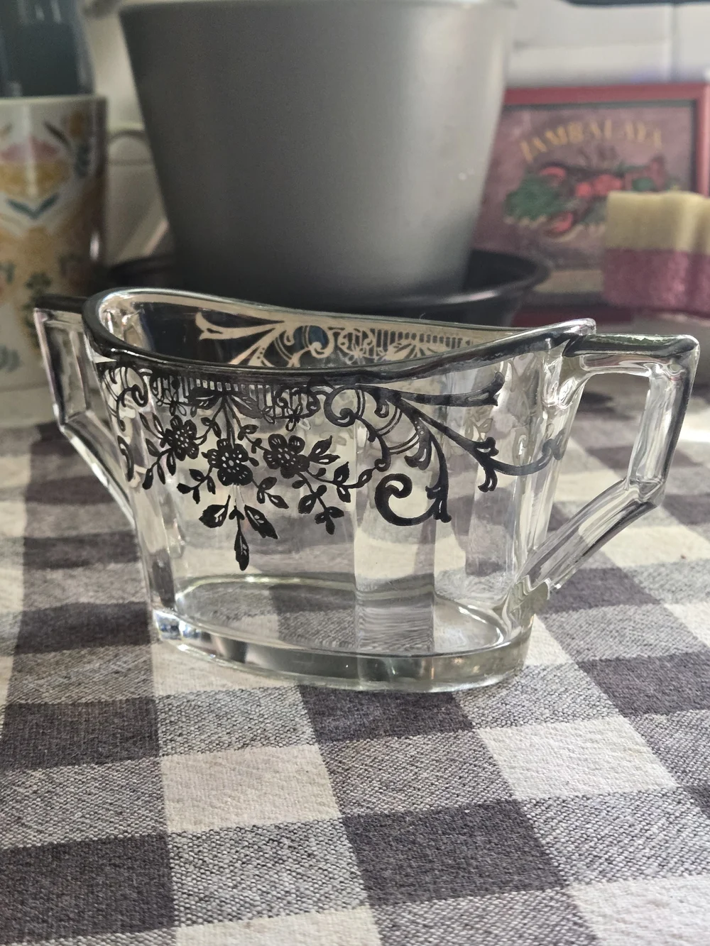 Vintage Clear Glass Sugar Bowl With Silver Overlay Floral Pattern